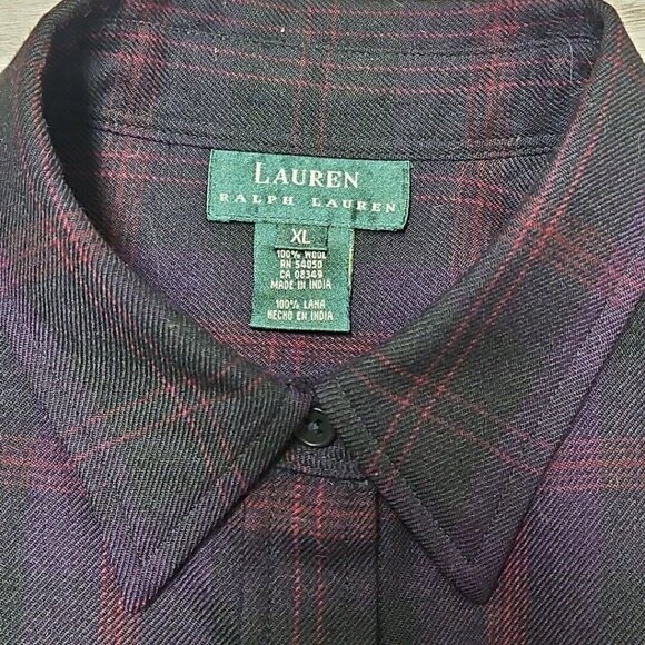 Ralph Lauren Wool Flannel Shirt Womens Sz XL Purple Red Shadow Plaid Long Sleeve - Picture 6 of 10